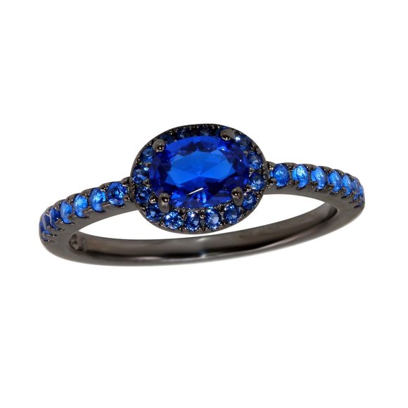 Jewelry - Silver 925 Black Rhodium Plated Blue Oval CZ Stone